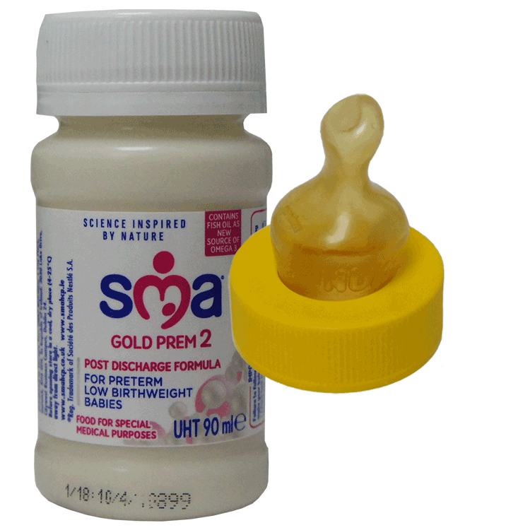 SMA Gold Prem Bottles RTU 90ml x 32 Yellow Neck SMA Sterile Teats