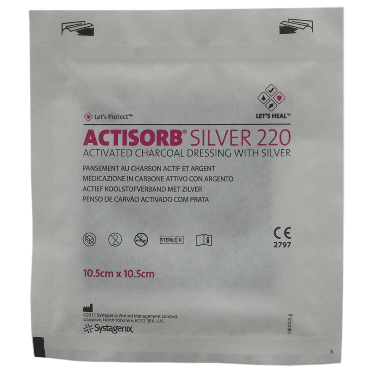Actisorb 220 Silver / Charcoal Dressings 10.5 x 10.5cm x 5 - For Infected Wounds