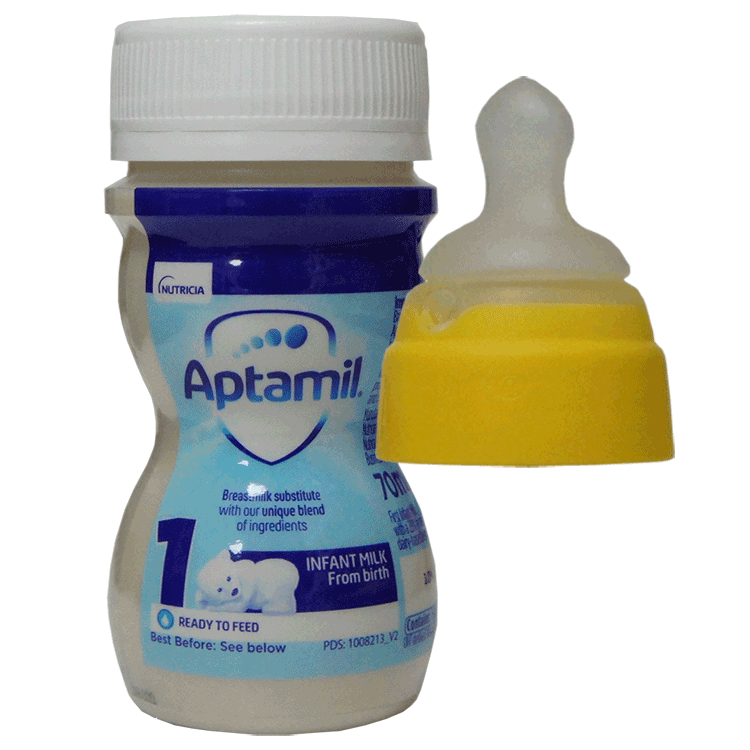 APTAMIL 1 Primo latte neonato pronto per alimentare 70 ml x 24 + teatri a collo giallo a flusso medio nuk x 24