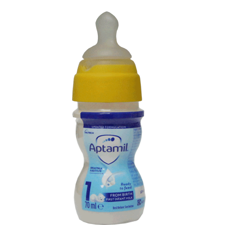 APTAMIL 1 Primo latte neonato pronto per alimentare 70 ml x 24 + teatri a collo giallo a flusso medio nuk x 24