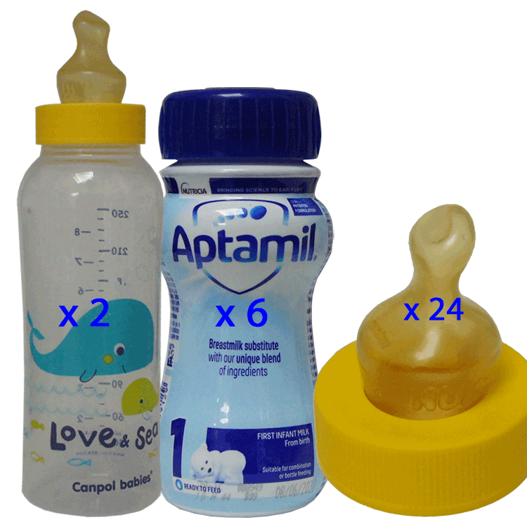 (Extra hongerige baby vanaf de geboorte tot 6 maanden) Aptamil First 200ml x 6 + 24 SMA Yellow Neck Speats + CANPOL -flessen 250 ml x 2