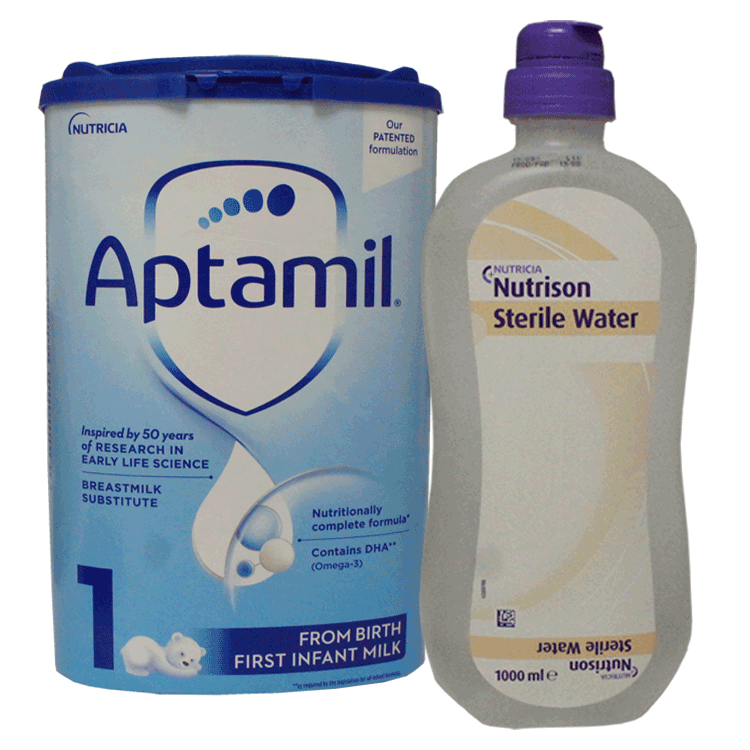 Aptamil 1 Babynahrung 800 g plus steriles Nutrison-Wasser 1000 ml – ab der Geburt