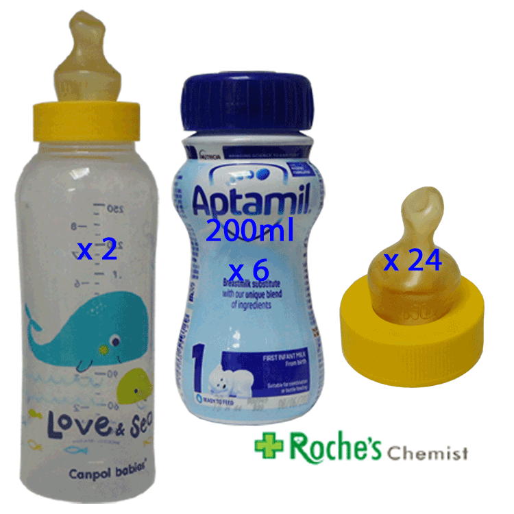 ( Extra Hungry Baby ) Aptamil First 200ml x 6 + 24 SMA Yellow Neck Teats + Canpol Bottles 250ml x 2