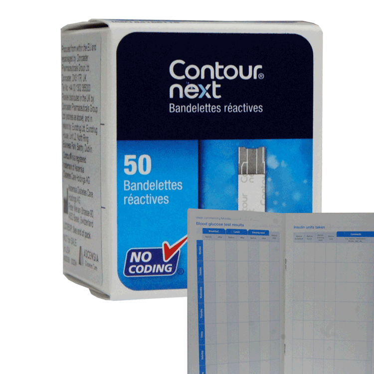 Bandelettes de test Contour Next x 50 + carnet de suivi du diabète