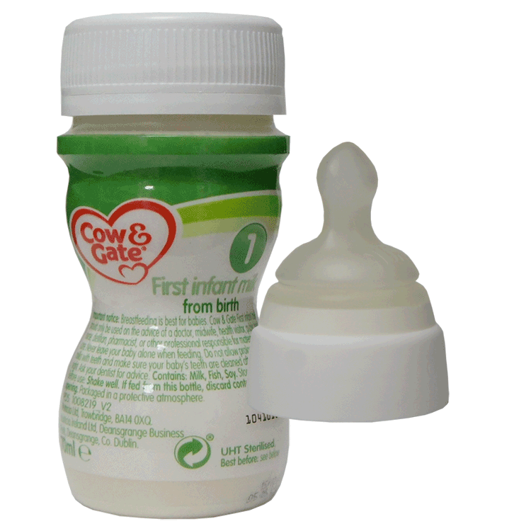 Cow & Gate First Infant Milk 70ml x 24 - Ready to Use + 24 Screw On NUK Teats - Medium Flow