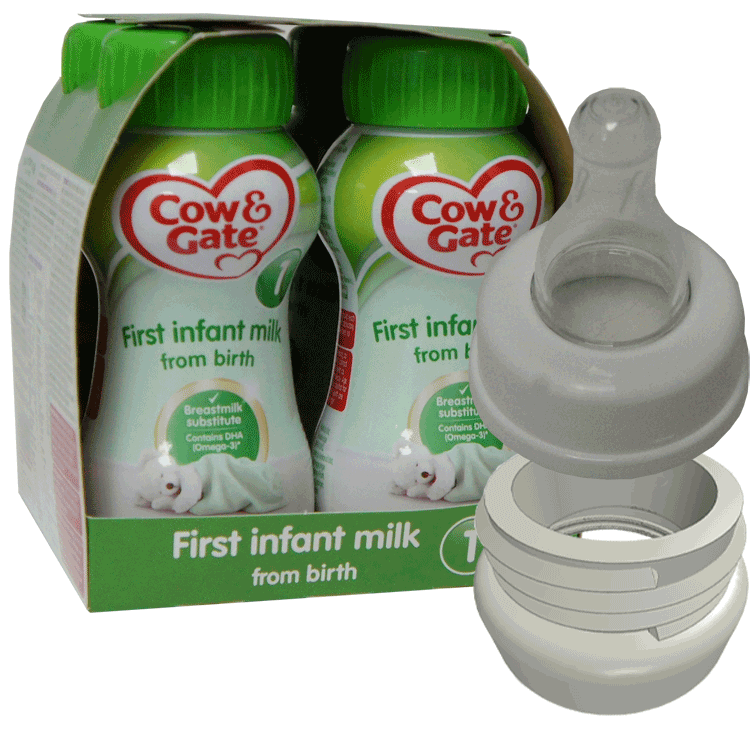 Cow & Gate 1 First Baby Milk 200ml x 4 + Converter Lid + 2 Re-usable Canpol Teats