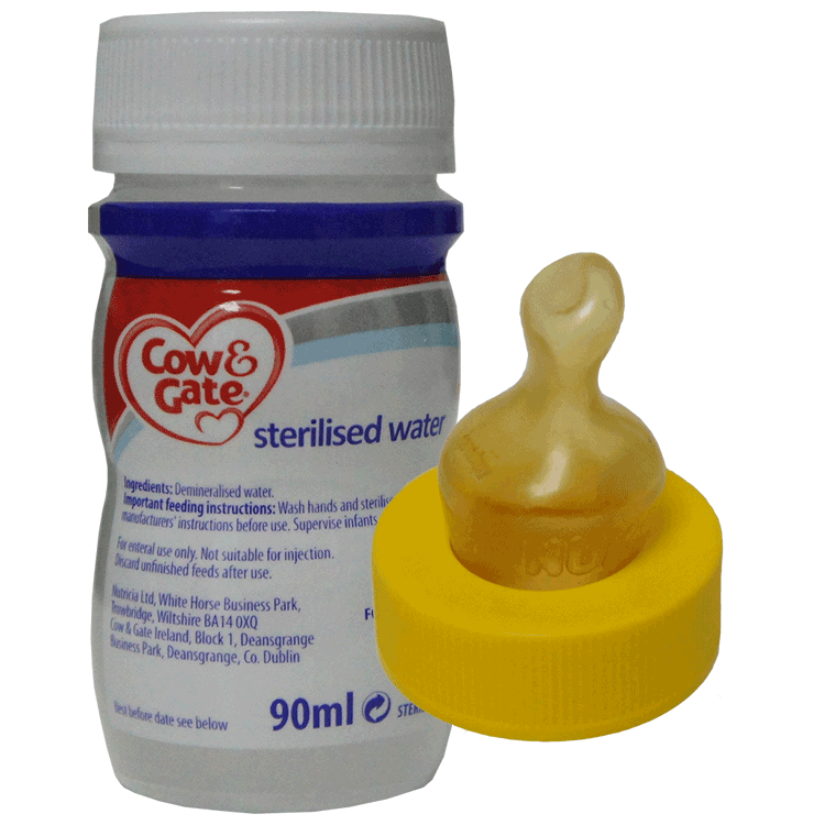 Cow and Gate Sterilised Water 90ml x 24 + Screw-On Medium Flow SMA Teats x 24