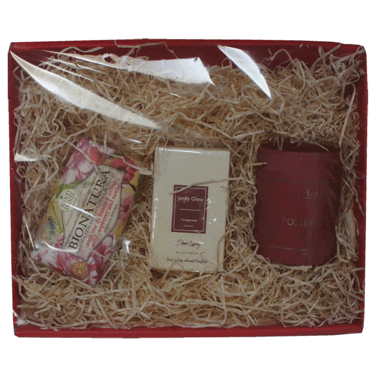 Geschenkset – Jenny Glow Parfüm Granatapfel, Haunis Granatapfel/Himbeerkerze und Nesti Dante Brennnessel, Wildhimbeerseife