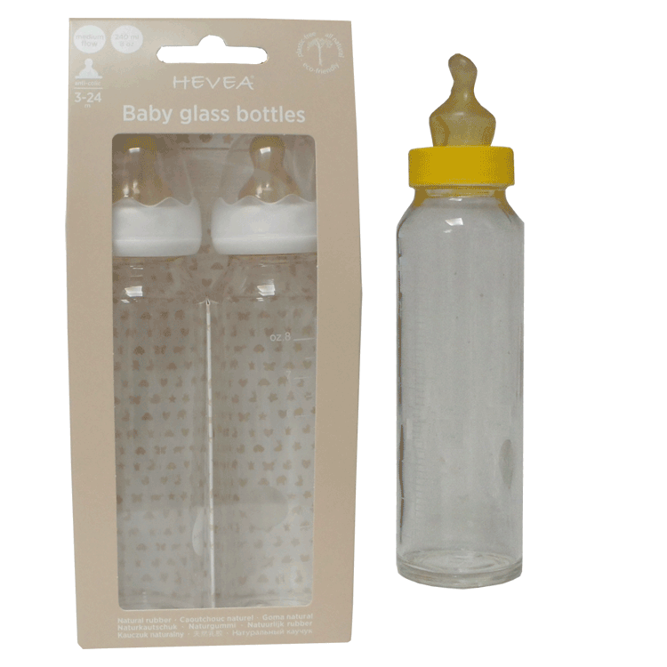 Biberons en verre Hévéa 240 ml x 2 - Avec 24 tétines stériles en latex SMA à col jaune