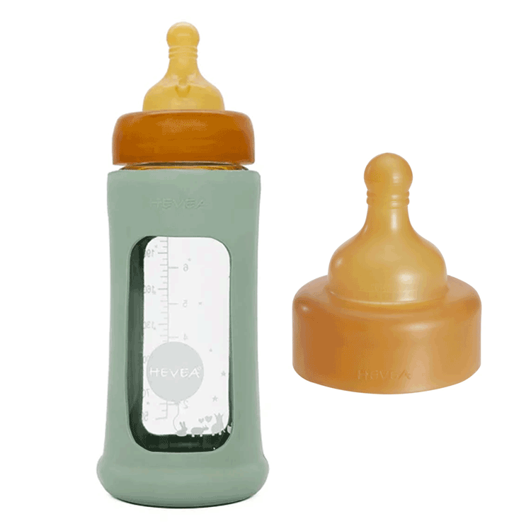 Hevea glass feeding bottle 250ml x 1 with 1 x Natural Rubber Latex Teat 3m+ - Completely free of plastic