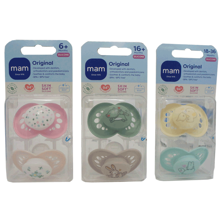 MAM Original Silicone Soothers x 2 - 3 Sizes: 6 months +, 16 months + and 18 to 36 months