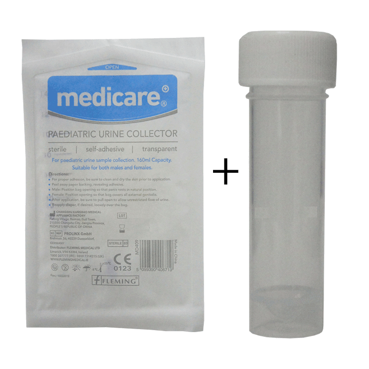 Paediatric Urine Collection Bag 160ml + Sterile Sample bottle 40ml for transporting sample