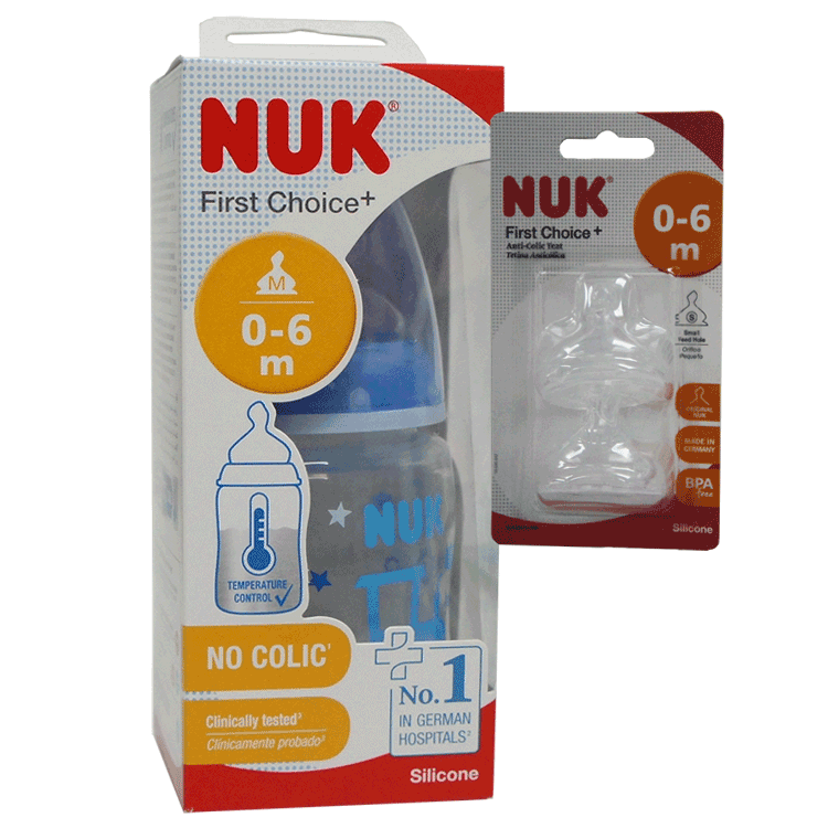 NUK First Choice Babyflasche 0 bis 6 Monate 150 ml mit Ersatzsaugern von NUK 0 bis 6 Monate x 2