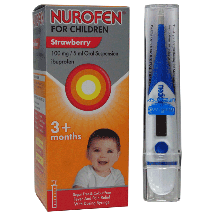 Nurofen for Children 3 months + - Strawberry Flavour - Ibuprofen 150ml With Syringe With / Without Digital Thermometer