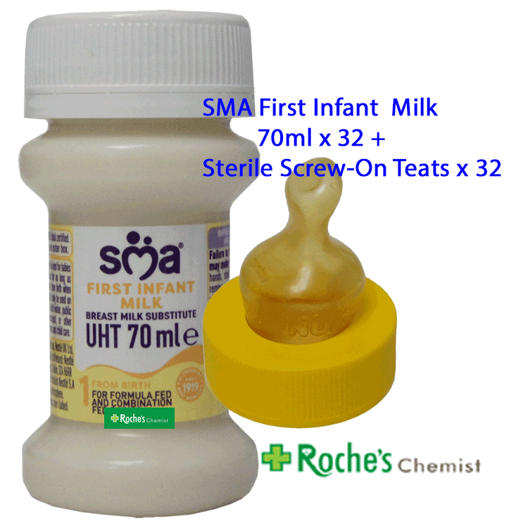 SMA PRO First Ready to Use 70ml x 32 + SMA Sterile Yellow Neck Teats x 32