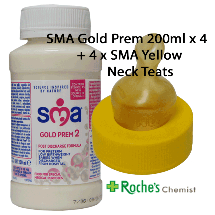 SMA Gold Prem Ready to Use 200ml Large x 4  + 4 Yellow Neck SMA Teats