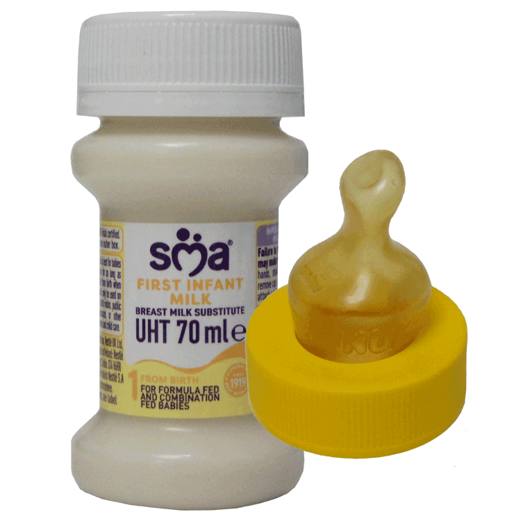 SMA PRO First Prêt à l'emploi 70 ml x 32 + tétines stériles SMA à col jaune x 32