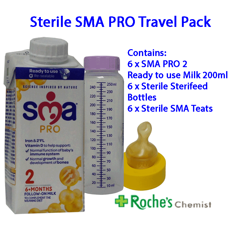 Sterile Emergency Baby Milk Travel Pack - SMA PRO Follow On Baby Milk 200ml x 6 ( With 6 x Sterile bottles and 6 sterile teats)