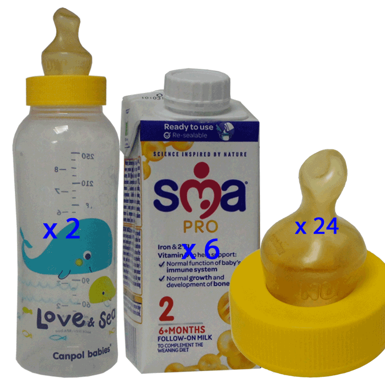 ( Extra Hungry Baby 6 to 18 months ) SMA Follow On Infant Milk 200ml x 6 + 24 SMA Yellow Neck Teats + Canpol Bottles 250ml x 2