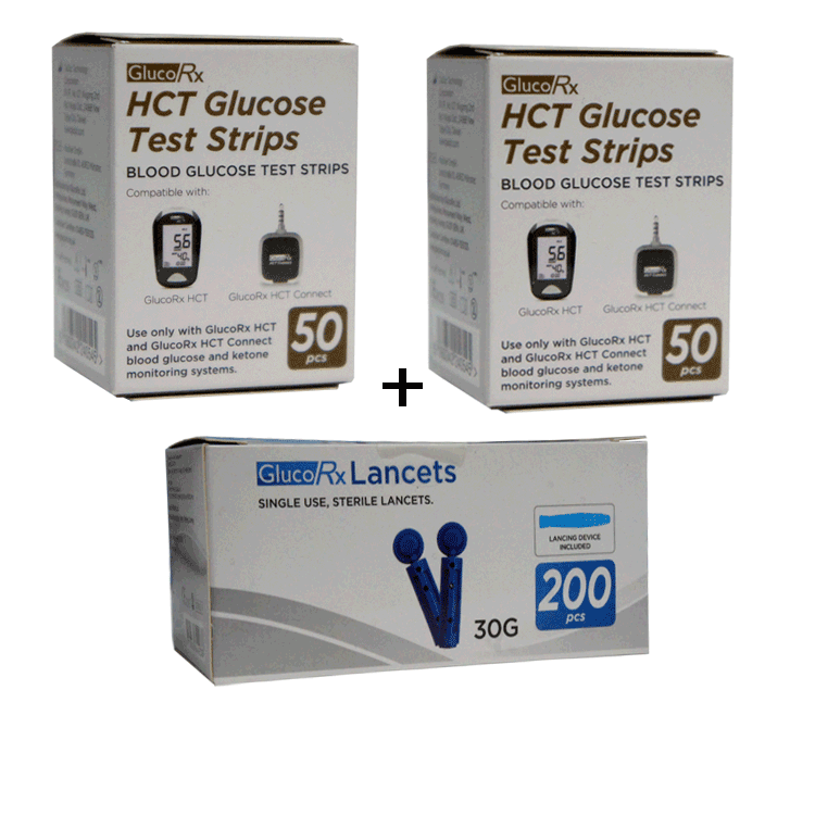 GlucoRX HCT Blood Glucose Test Strips x 100 + 200 GlucoRx Lancets