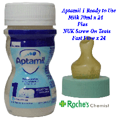 Aptamil 1  - First infant milk  x 70ml x 24 cartons - Plus 24 Screw-On NUK Teats Fast Flow