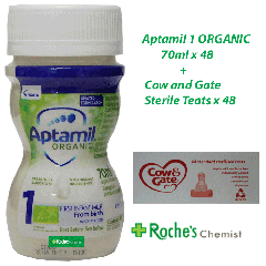 (Bundle 2+1)Aptamil 1 First ORGANIC Infant Milk Ready To Feed, 70ml x 48 + Cow and Gate Standard Teats x 48