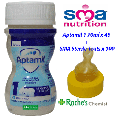 (Bundle 2+1) Aptamil 1 Infant Milk Ready to Feed 70ml x 48 + SMA Sterile Standard Teats x 100