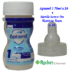 Nutricia Aptamil 1  - First infant milk  x 70ml x 24 cartons - Ready to use +  24 Sterile Screw-On Nutricia Teats