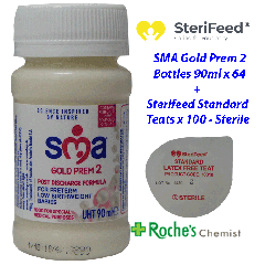 SMA Gold Prem Ready to Feed Bottles 90ml x 64  with Sterifeed Standard Sterile Teats x 100

