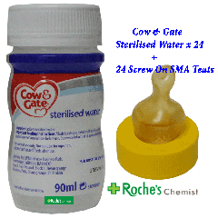 Cow and Gate Sterilised Water 90ml x 24 + Screw-On Disposable SMA Teats x 24