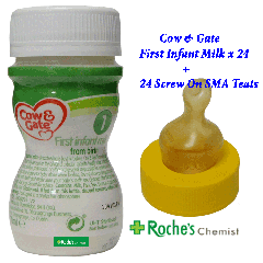 Cow and Gate First Infant Milk 70ml x 24 - Ready To Use + 24 Screw On SMA Teats