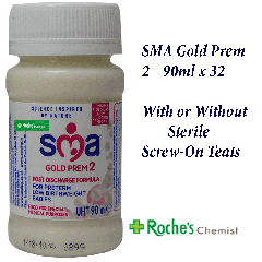 SMA Gold Prem 2 Ready to Use 90ml bottles x 32 - With or Without Sterile Screw On Teats
