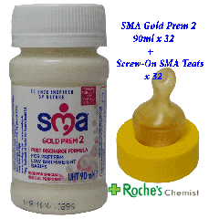 SMA Gold Prem Ready to Use, 90ml x 32 + Screw-On Disposable SMA Teats x 32